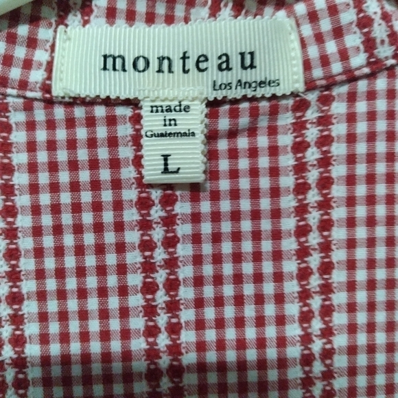 monteau Sleeveless Button Down Shirt Red Mini Check Knot Front Collared Size L - Picture 2 of 6